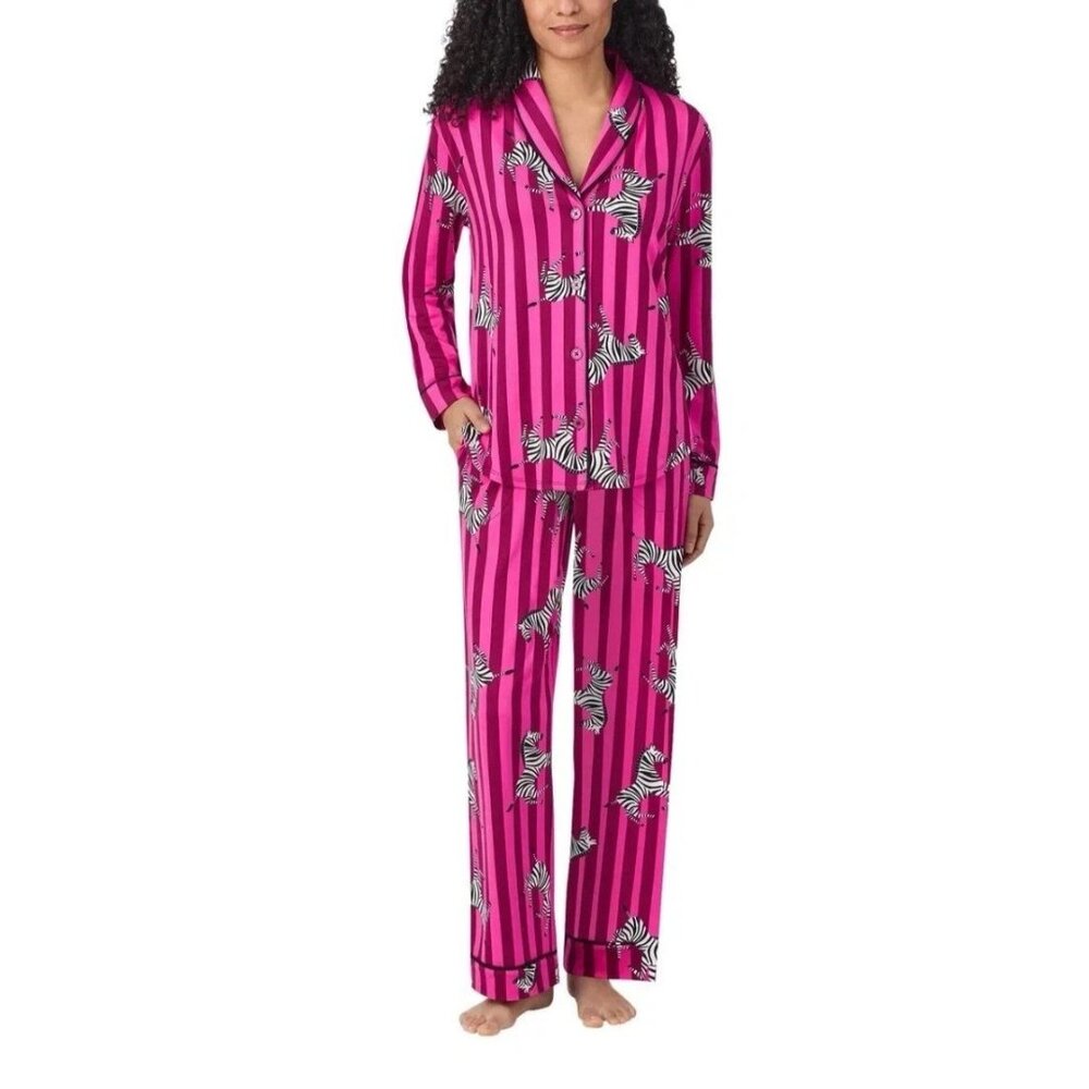 Women's Fuchsia Zebra Stripe Button-Front Pajama Set